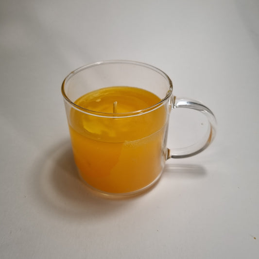 1030  Wachsfresser  Teeglas mit Henkel  8 cm  Farbe Orange Flamme im Glas